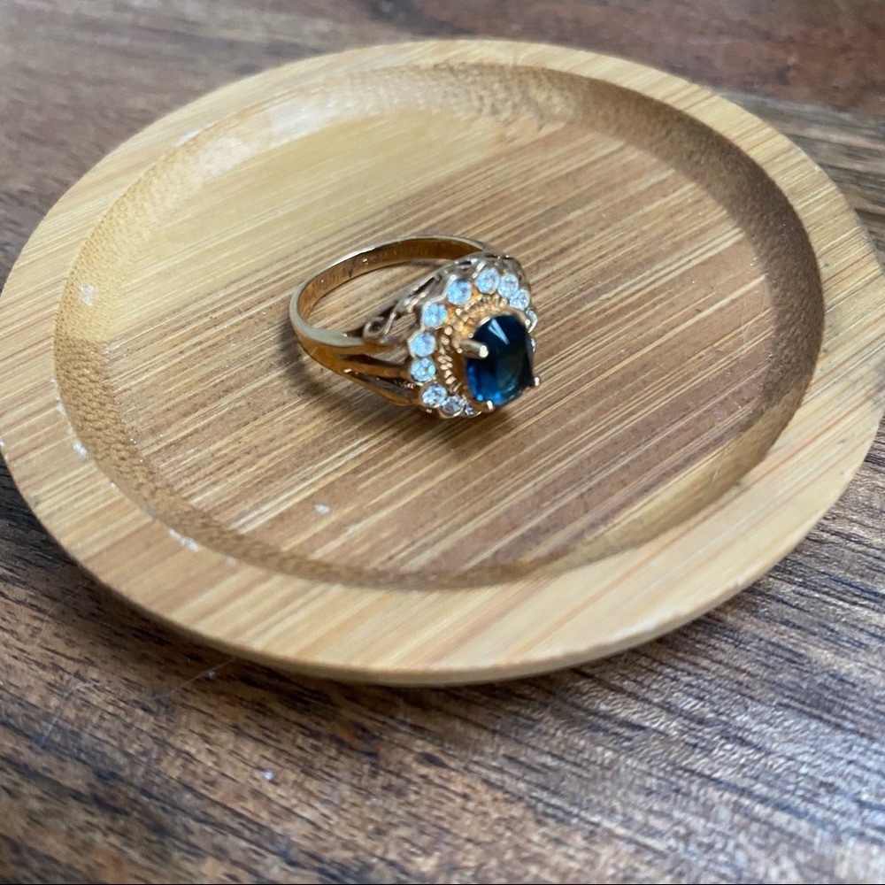 14k Yellow Gold Plated Blue & Clear Stone Flower Ring - Picture 1 of 15